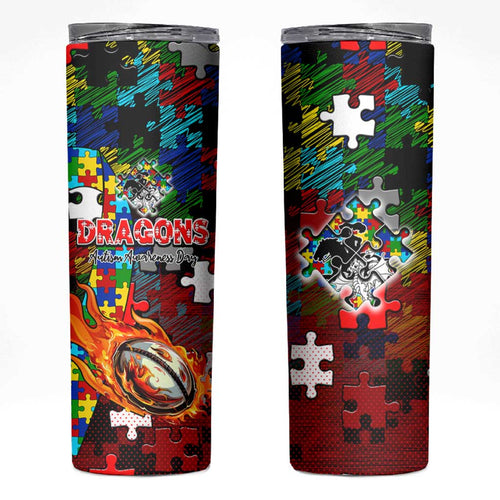 Dragons Autism Awareness Skinny Tumbler Puzzle Flames Rugby Ball