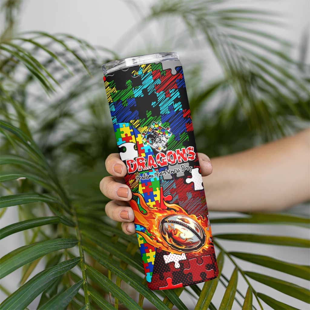 Dragons Autism Awareness Skinny Tumbler Puzzle Flames Rugby Ball