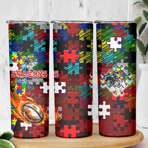 Dragons Autism Awareness Skinny Tumbler Puzzle Flames Rugby Ball