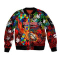 Dragons Autism Awareness Sleeve Zip Bomber Jacket Puzzle Flames Rugby Ball