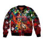 Dragons Autism Awareness Sleeve Zip Bomber Jacket Puzzle Flames Rugby Ball