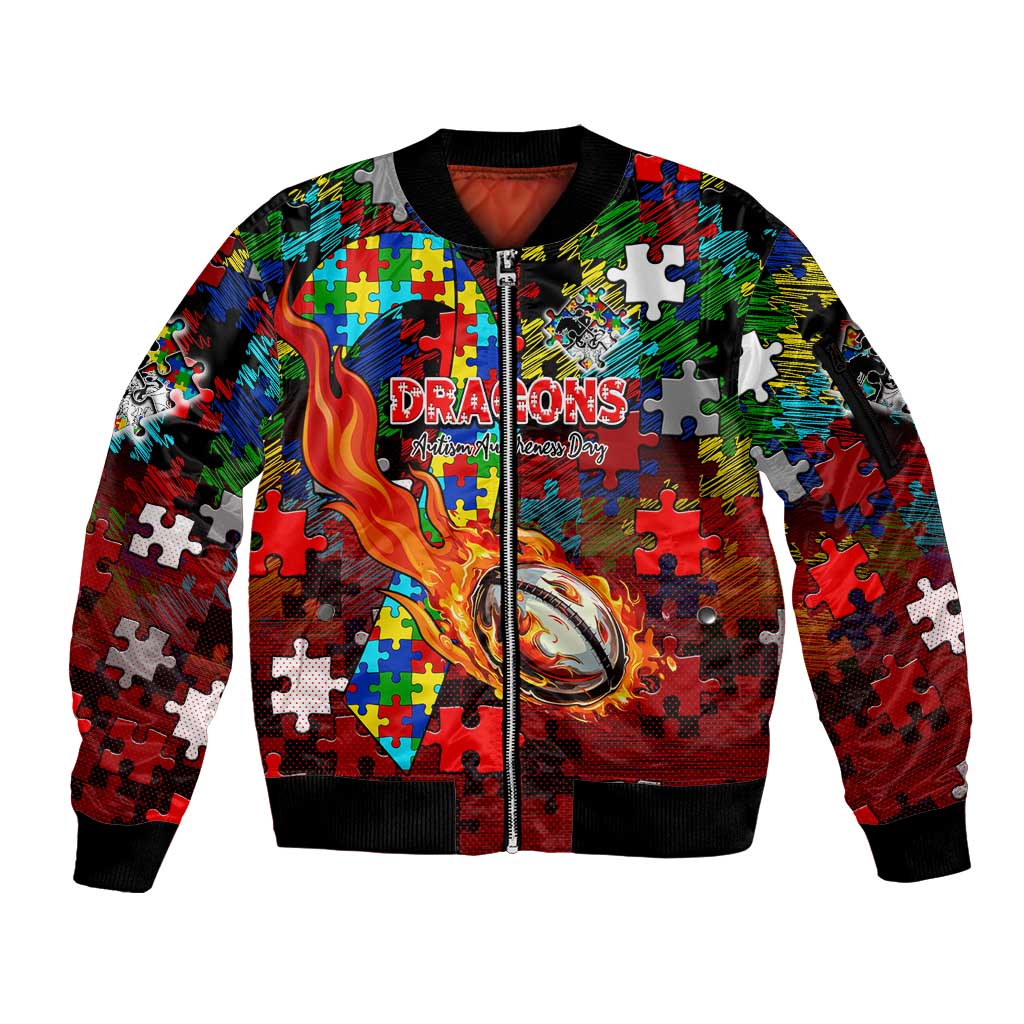 Dragons Autism Awareness Sleeve Zip Bomber Jacket Puzzle Flames Rugby Ball