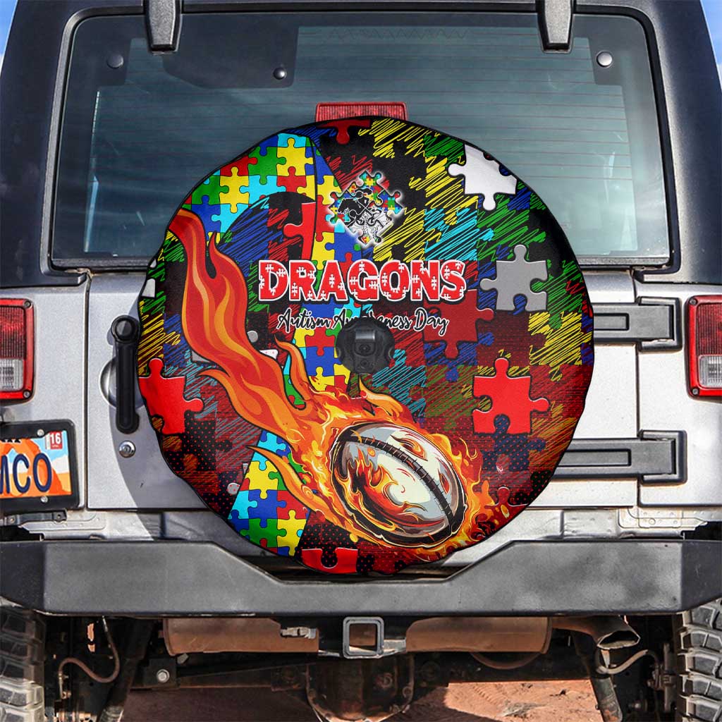 Dragons Autism Awareness Spare Tire Cover Puzzle Flames Rugby Ball