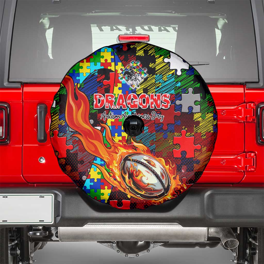 Dragons Autism Awareness Spare Tire Cover Puzzle Flames Rugby Ball