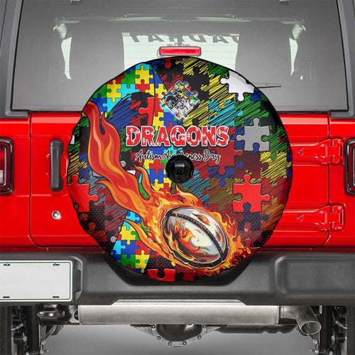 Dragons Autism Awareness Spare Tire Cover Puzzle Flames Rugby Ball