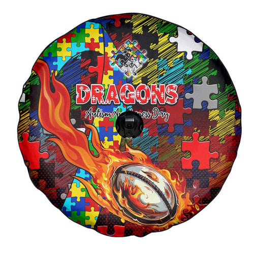 Dragons Autism Awareness Spare Tire Cover Puzzle Flames Rugby Ball
