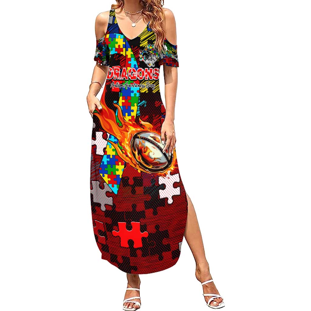 Dragons Autism Awareness Summer Maxi Dress Puzzle Flames Rugby Ball