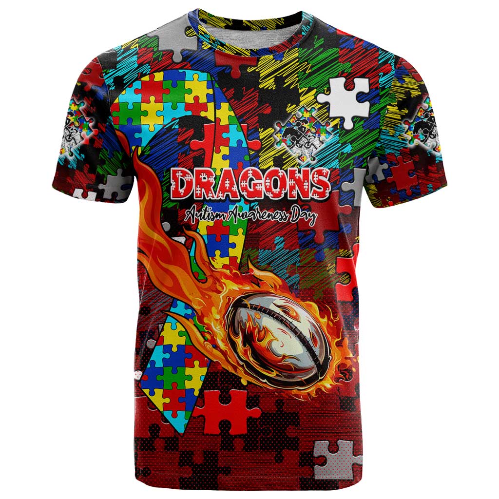 Dragons Autism Awareness T Shirt Puzzle Flames Rugby Ball