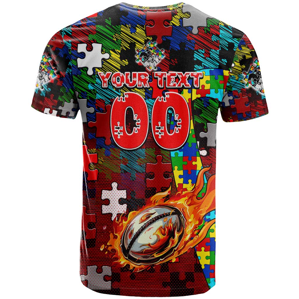 Dragons Autism Awareness T Shirt Puzzle Flames Rugby Ball