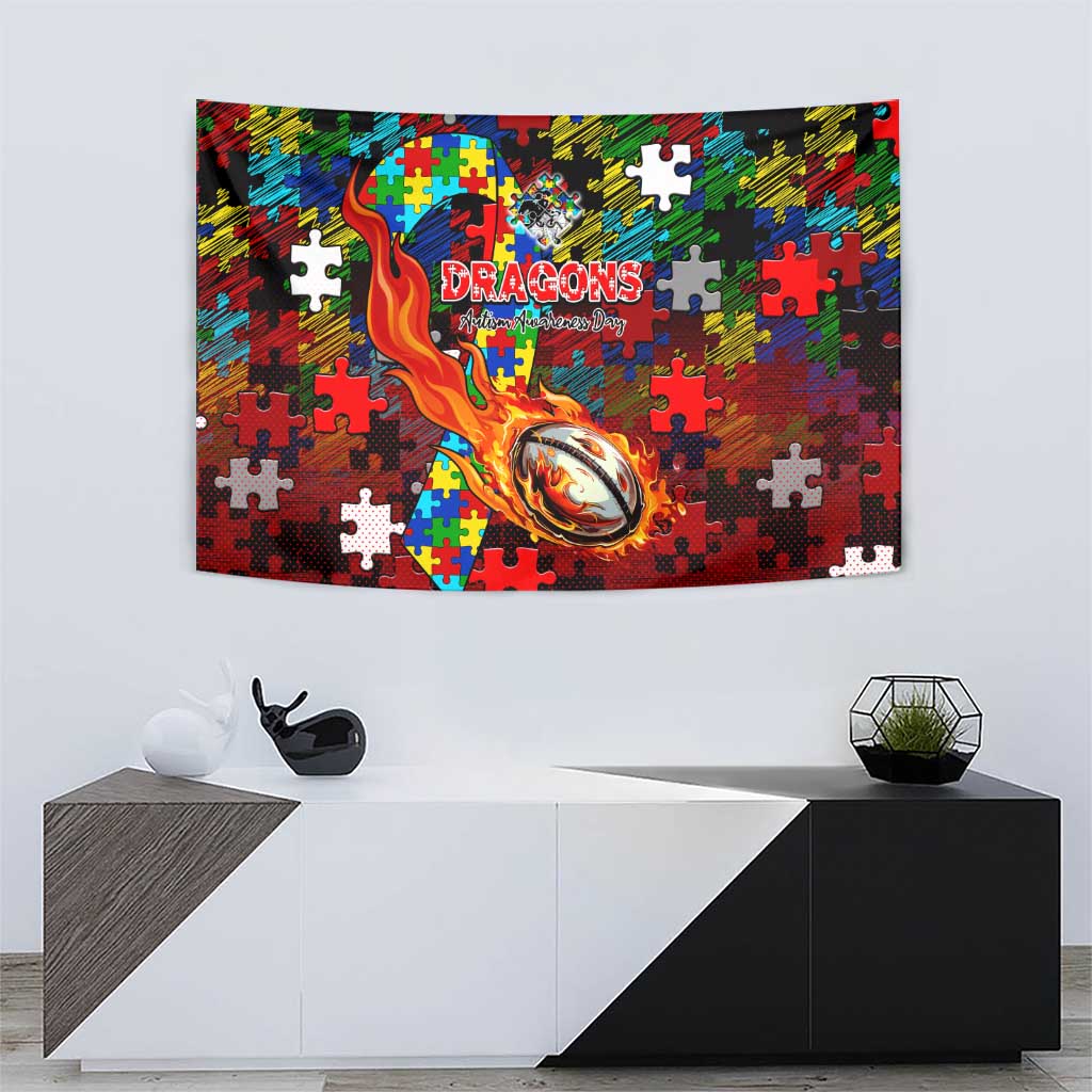 Dragons Autism Awareness Tapestry Puzzle Flames Rugby Ball
