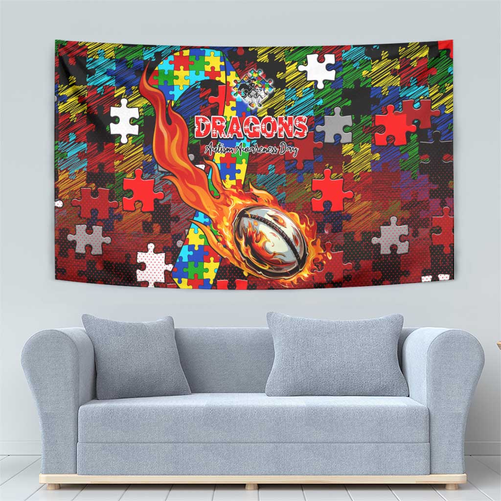 Dragons Autism Awareness Tapestry Puzzle Flames Rugby Ball