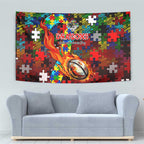 Dragons Autism Awareness Tapestry Puzzle Flames Rugby Ball
