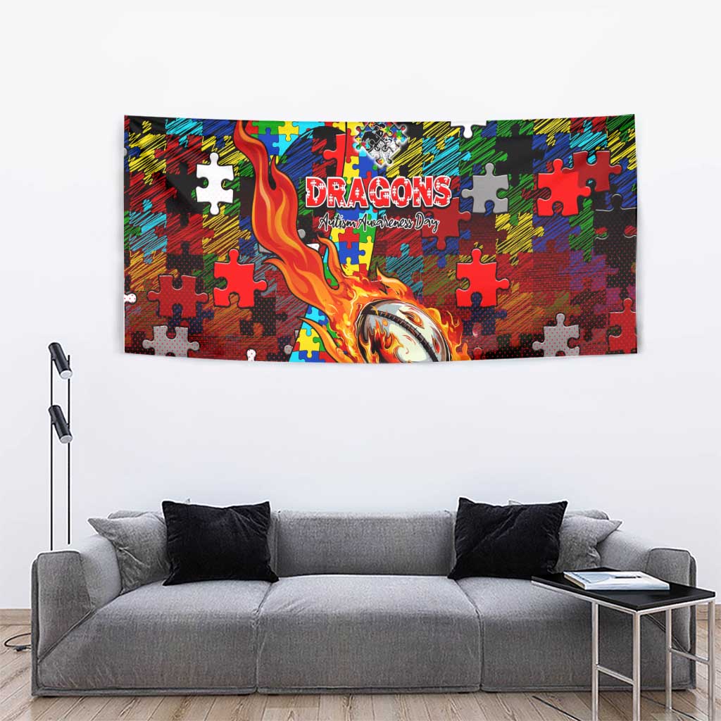 Dragons Autism Awareness Tapestry Puzzle Flames Rugby Ball