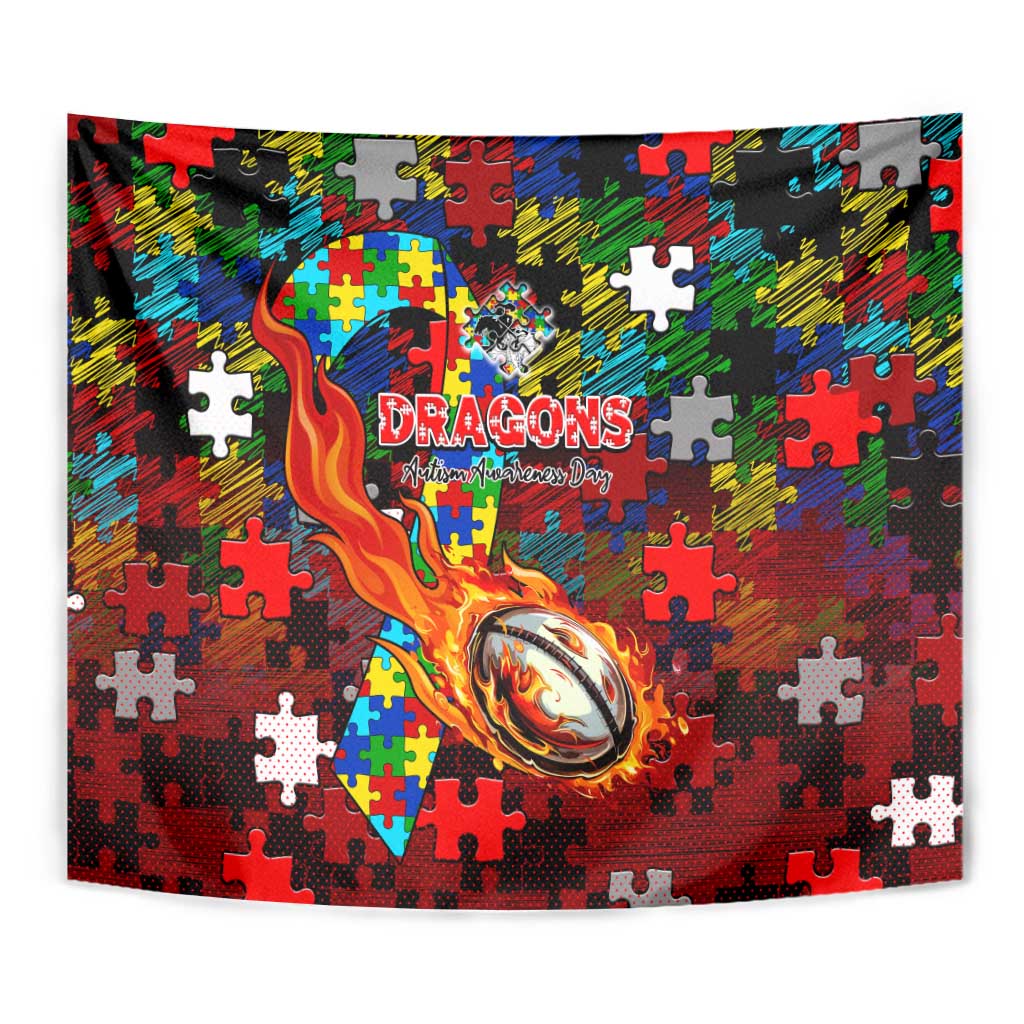 Dragons Autism Awareness Tapestry Puzzle Flames Rugby Ball
