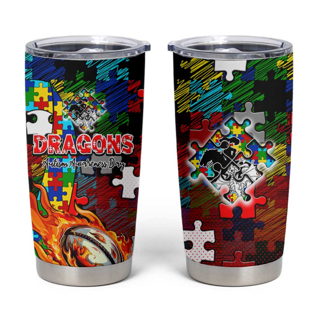 Dragons Autism Awareness Tumbler Cup Puzzle Flames Rugby Ball