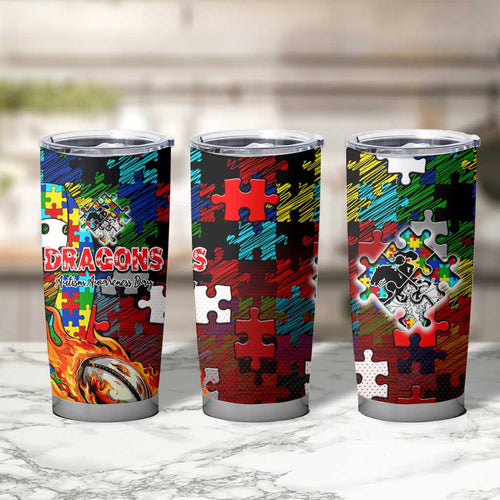 Dragons Autism Awareness Tumbler Cup Puzzle Flames Rugby Ball