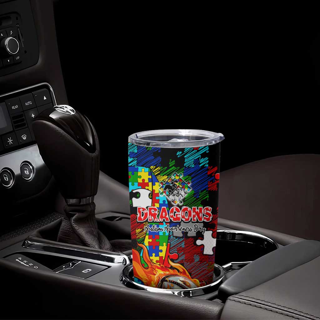 Dragons Autism Awareness Tumbler Cup Puzzle Flames Rugby Ball