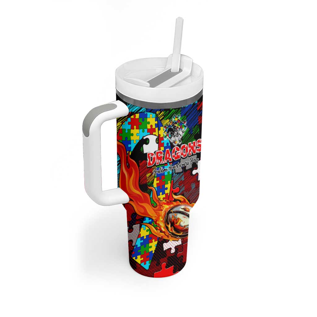Dragons Autism Awareness Tumbler With Handle Puzzle Flames Rugby Ball