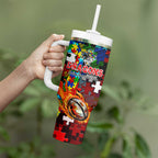 Dragons Autism Awareness Tumbler With Handle Puzzle Flames Rugby Ball