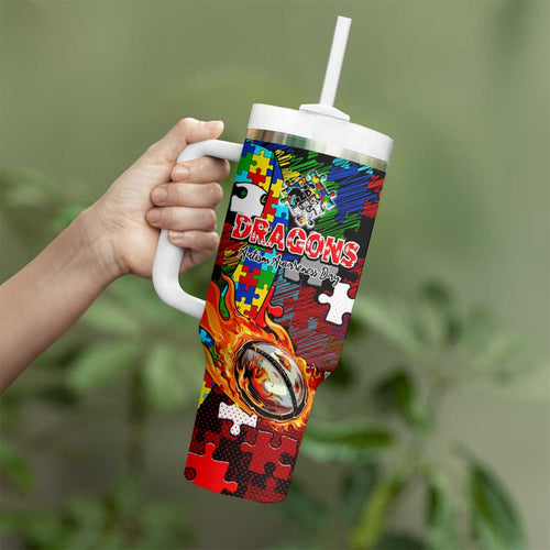 Dragons Autism Awareness Tumbler With Handle Puzzle Flames Rugby Ball
