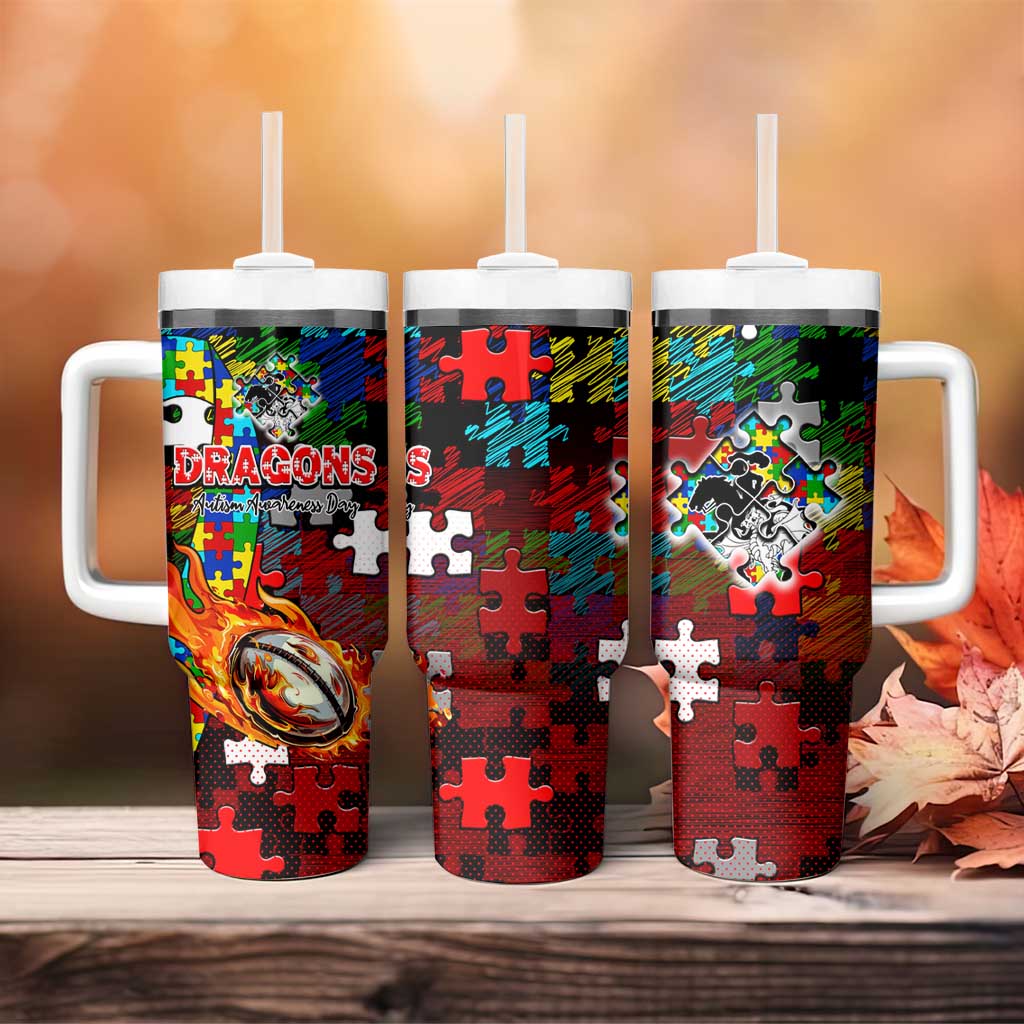 Dragons Autism Awareness Tumbler With Handle Puzzle Flames Rugby Ball