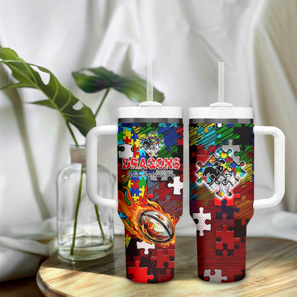 Dragons Autism Awareness Tumbler With Handle Puzzle Flames Rugby Ball