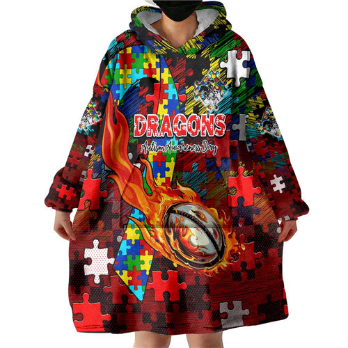 Dragons Autism Awareness Wearable Blanket Hoodie Puzzle Flames Rugby Ball