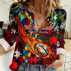 Dragons Autism Awareness Women Casual Shirt Puzzle Flames Rugby Ball