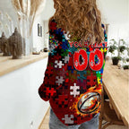 Dragons Autism Awareness Women Casual Shirt Puzzle Flames Rugby Ball