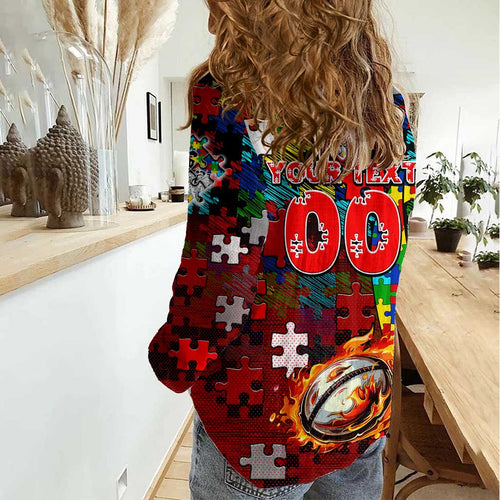 Dragons Autism Awareness Women Casual Shirt Puzzle Flames Rugby Ball
