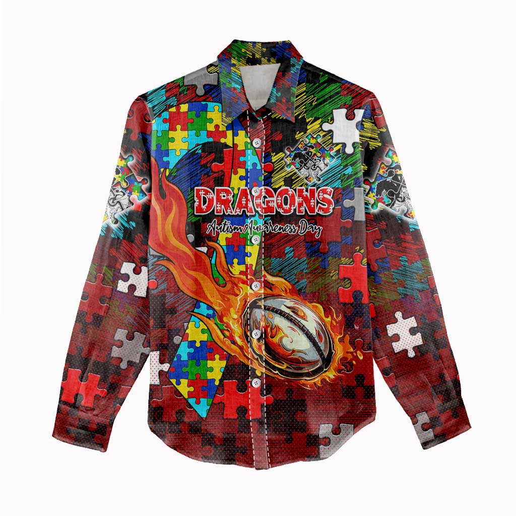 Dragons Autism Awareness Women Casual Shirt Puzzle Flames Rugby Ball