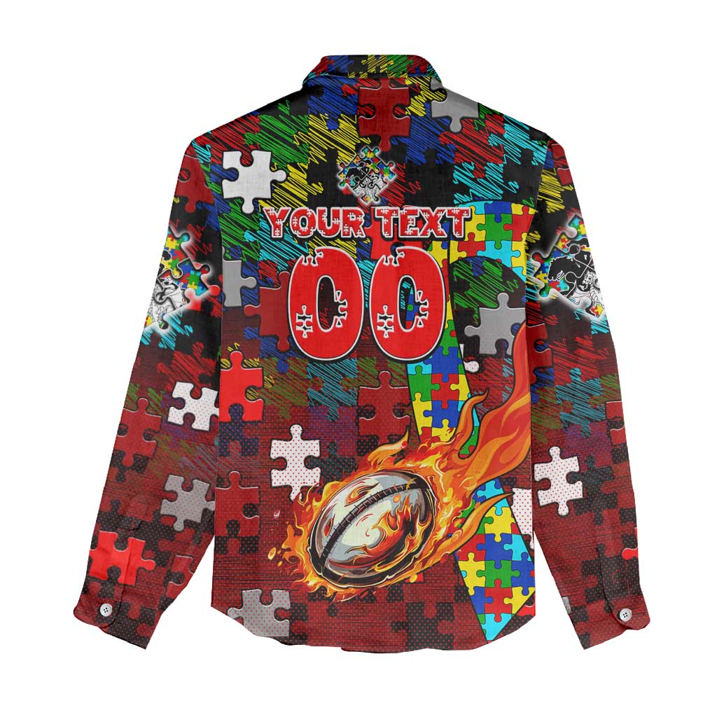 Dragons Autism Awareness Women Casual Shirt Puzzle Flames Rugby Ball
