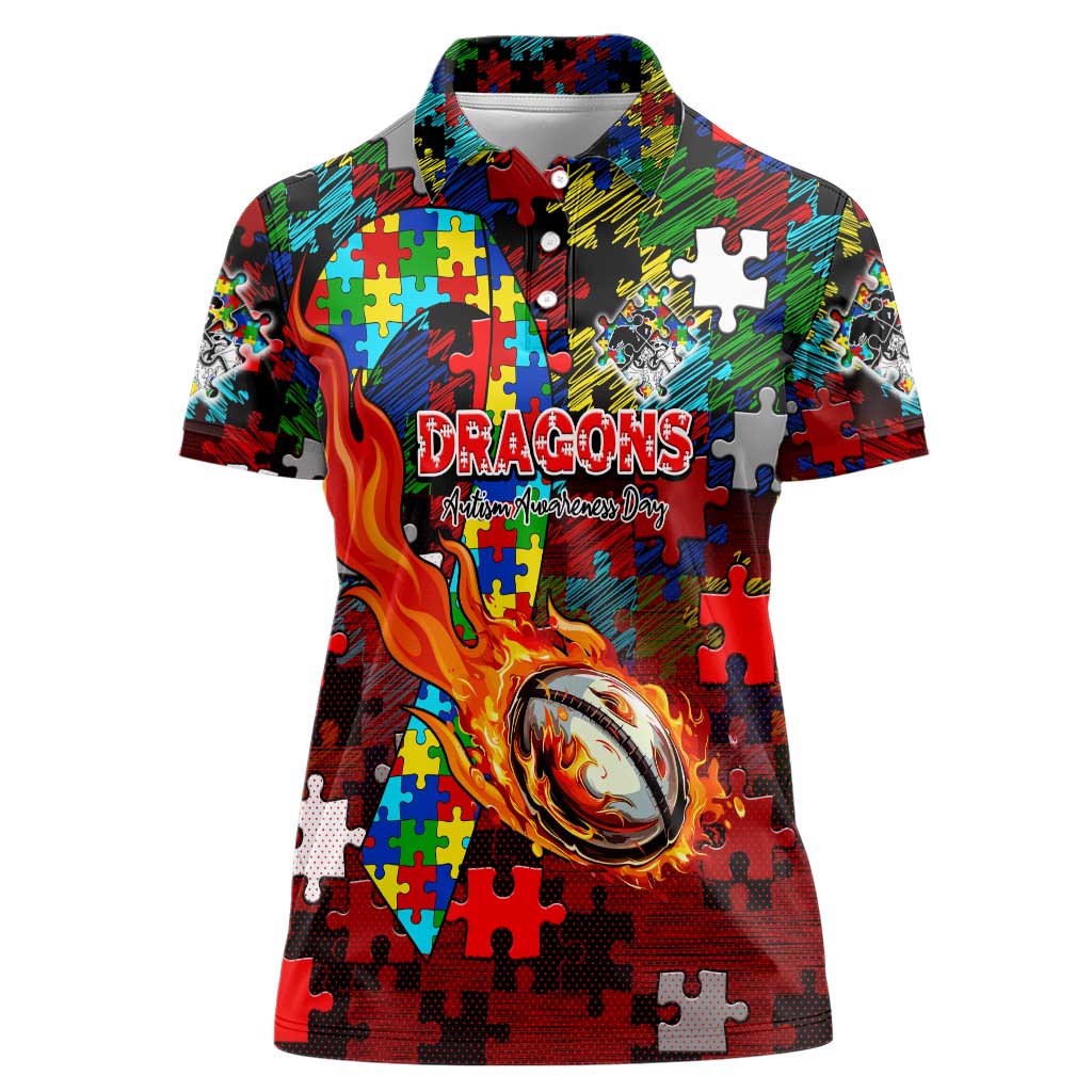 Dragons Autism Awareness Women Polo Shirt Puzzle Flames Rugby Ball