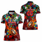 Dragons Autism Awareness Women Polo Shirt Puzzle Flames Rugby Ball