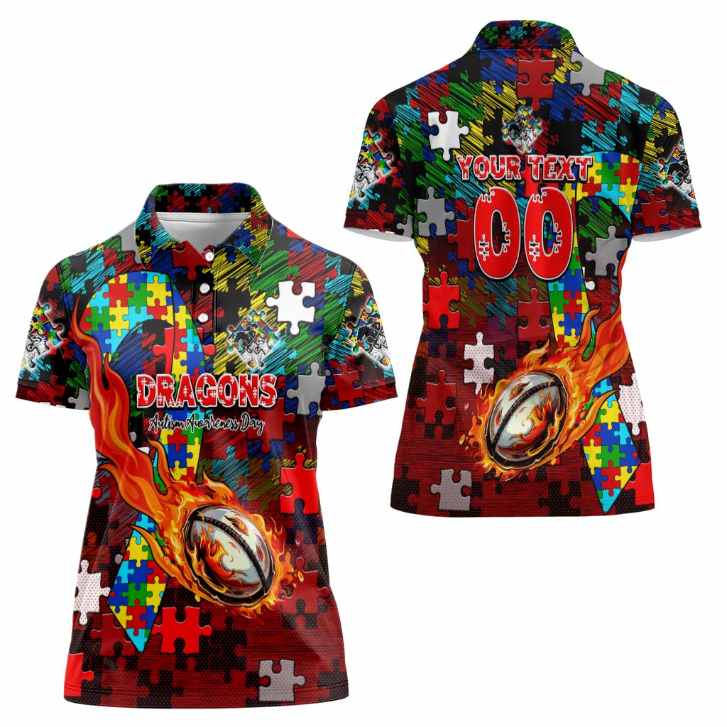 Dragons Autism Awareness Women Polo Shirt Puzzle Flames Rugby Ball