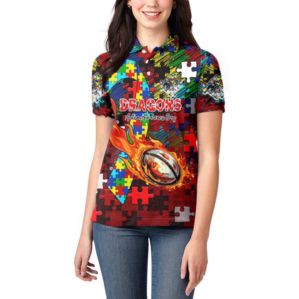 Dragons Autism Awareness Women Polo Shirt Puzzle Flames Rugby Ball