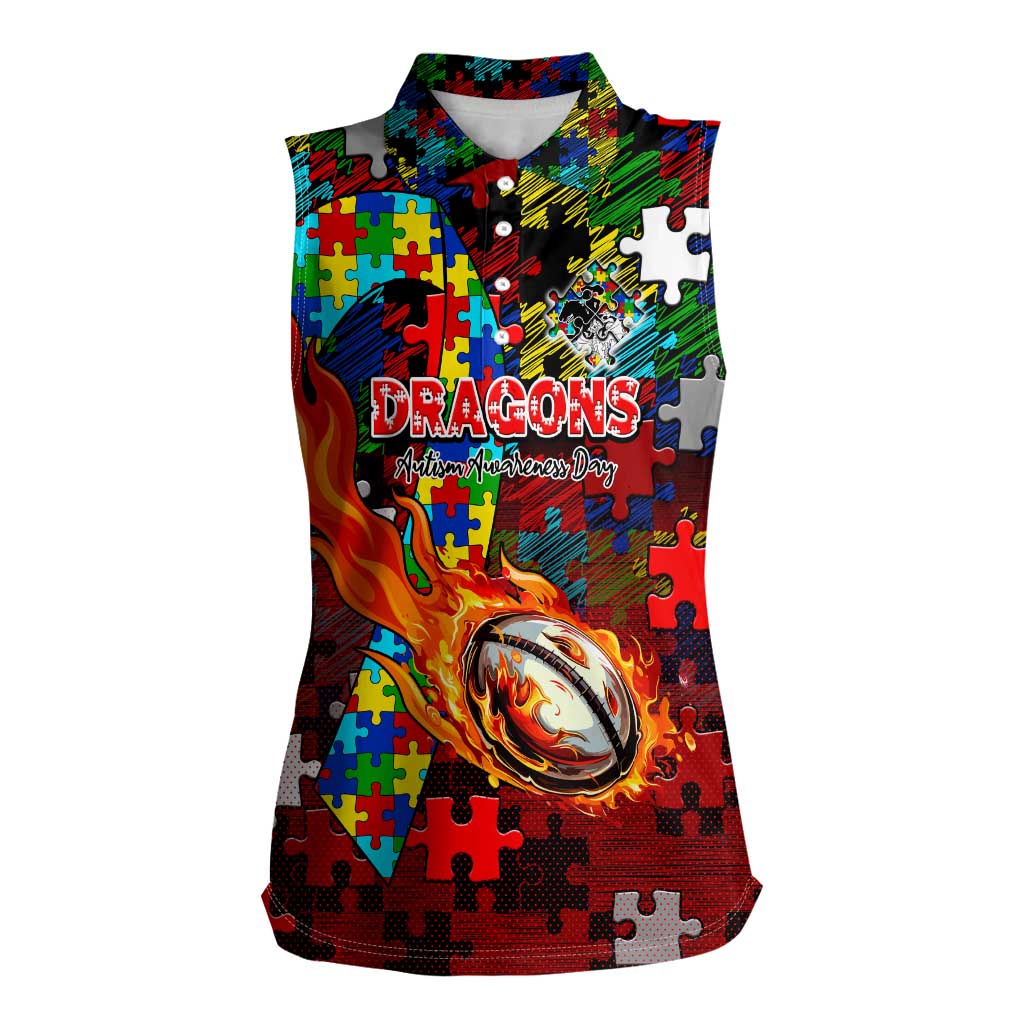 Dragons Autism Awareness Women Sleeveless Polo Shirt Puzzle Flames Rugby Ball