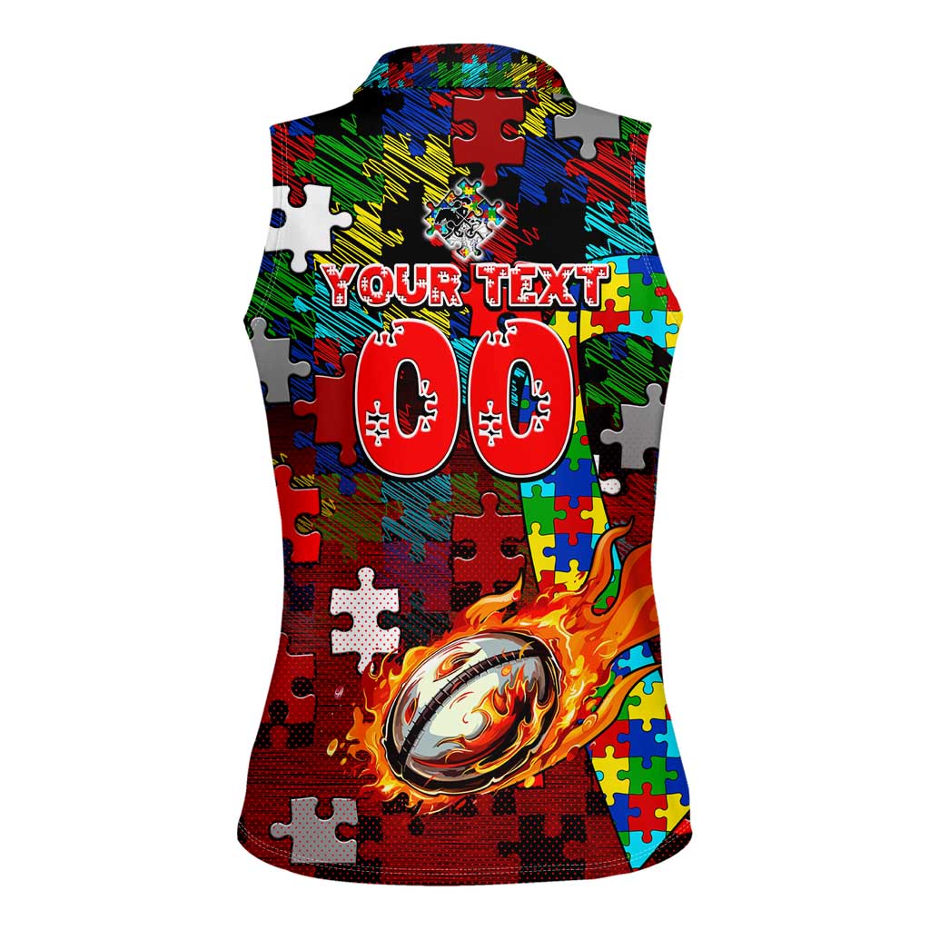 Dragons Autism Awareness Women Sleeveless Polo Shirt Puzzle Flames Rugby Ball