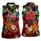 Dragons Autism Awareness Women Sleeveless Polo Shirt Puzzle Flames Rugby Ball