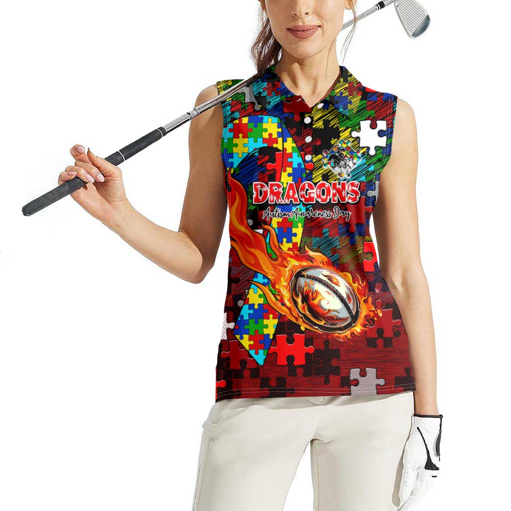 Dragons Autism Awareness Women Sleeveless Polo Shirt Puzzle Flames Rugby Ball