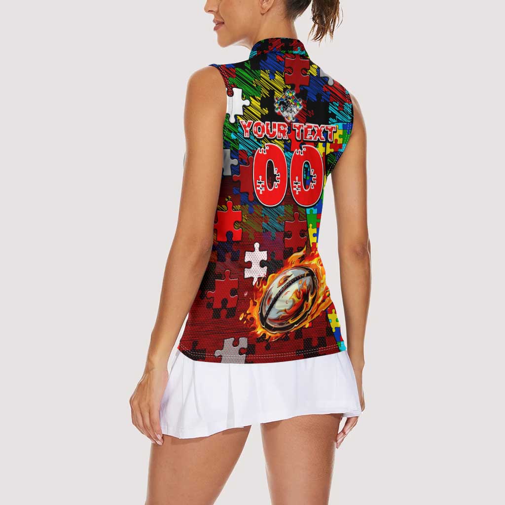Dragons Autism Awareness Women Sleeveless Polo Shirt Puzzle Flames Rugby Ball