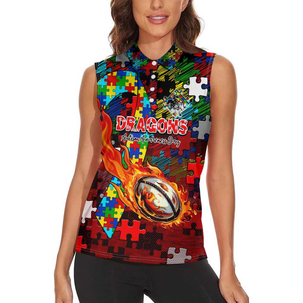 Dragons Autism Awareness Women Sleeveless Polo Shirt Puzzle Flames Rugby Ball