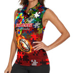 Dragons Autism Awareness Women Sleeveless Polo Shirt Puzzle Flames Rugby Ball