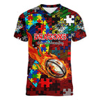 Dragons Autism Awareness Women V-Neck T-Shirt Puzzle Flames Rugby Ball