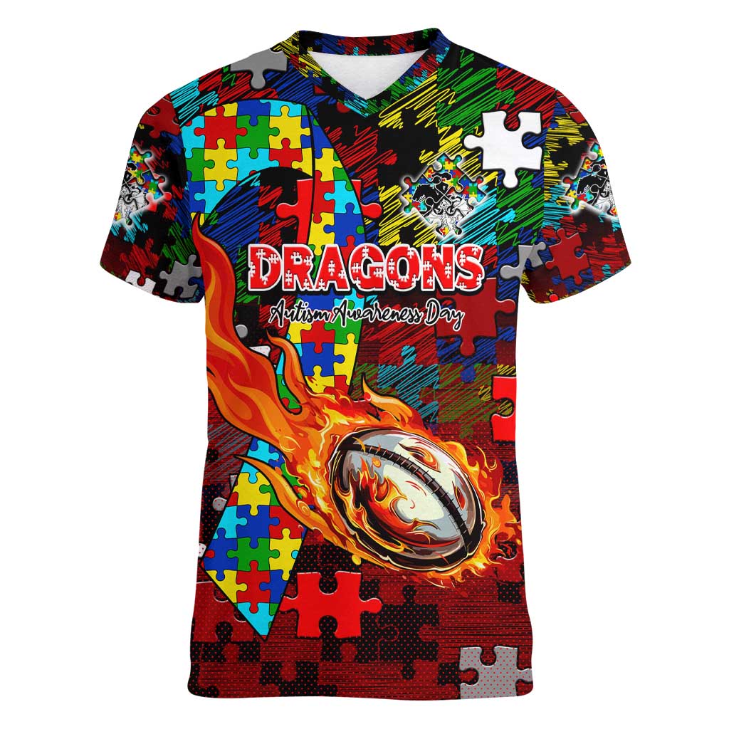 Dragons Autism Awareness Women V-Neck T-Shirt Puzzle Flames Rugby Ball