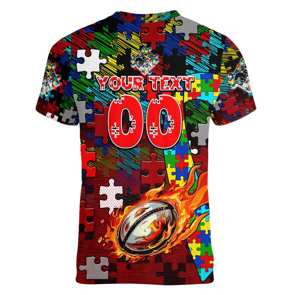 Dragons Autism Awareness Women V-Neck T-Shirt Puzzle Flames Rugby Ball