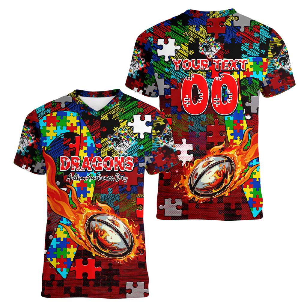 Dragons Autism Awareness Women V-Neck T-Shirt Puzzle Flames Rugby Ball
