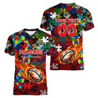 Dragons Autism Awareness Women V-Neck T-Shirt Puzzle Flames Rugby Ball