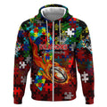 Dragons Autism Awareness Zip Hoodie Puzzle Flames Rugby Ball