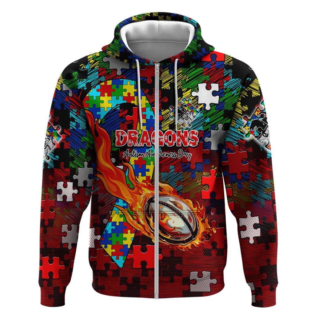 Dragons Autism Awareness Zip Hoodie Puzzle Flames Rugby Ball